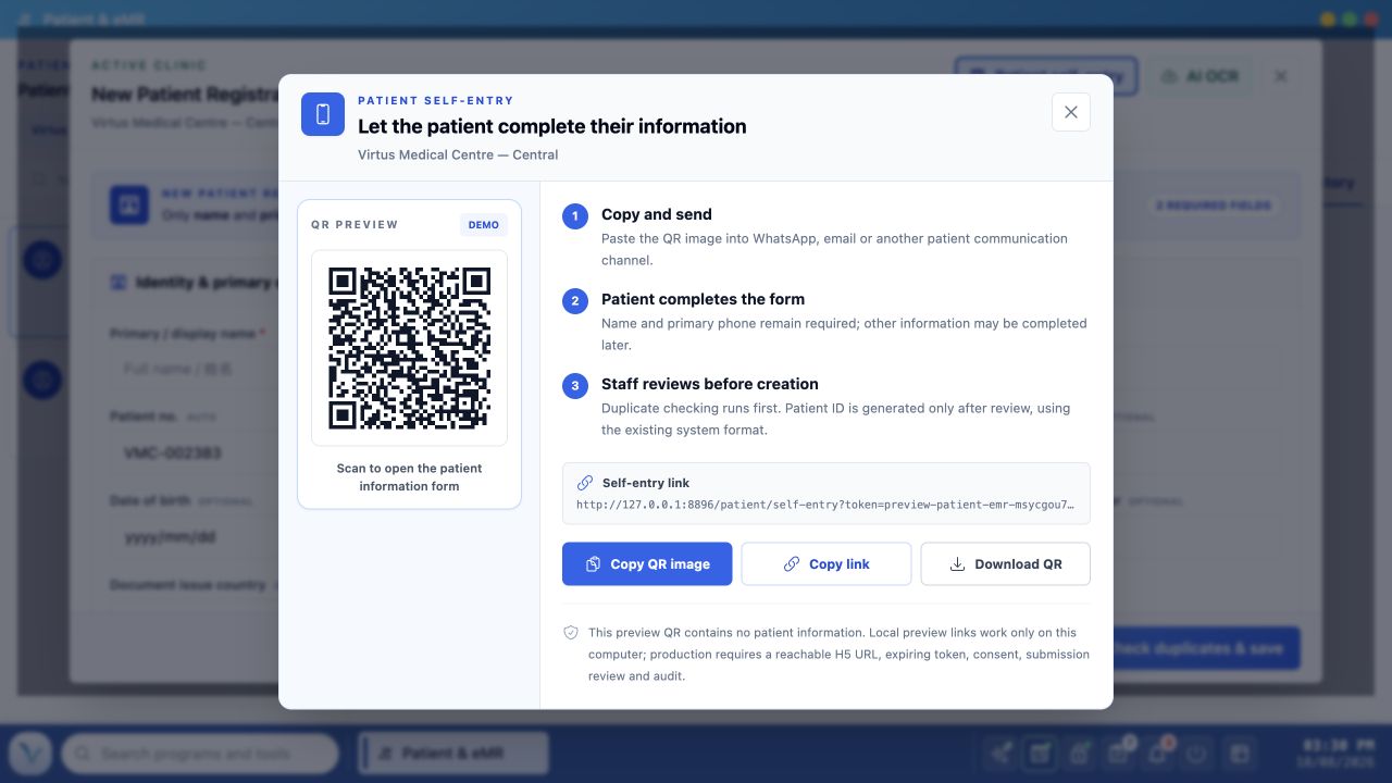 Patient self-entry QR
